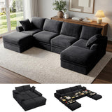 NABUMI 142" Modular Sectional Sofa with Storage, Oversized U-Shaped Boneless Couch with Ottoman, 27" Deep Seat Memory Foam Corduroy 6-Seater Cloud Couches for Living Room, Tool-Free Assembly, Black