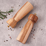 DeroTeno Salt and Pepper Mill Set with Tray, Adjustable Ceramic Grinder Salt Mill, Stainless Steel Grinder Pepper Mill, Acacia Wood, 20.5 cm/ 8 Inch Height, Bottom Dia 6 cm /2.36 inch
