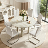 SSLine Faux Mars Stone Round Dining Table Set for 6 w/White Leather Chair