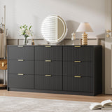 MAISONARIA Black 9 Drawer Dresser for Bedroom, 63" Wide Modern Fluted Dresser with Gold Metal Handles, Chest of Drawers for Bedroom, Living Room, Entryway, Hallway