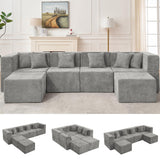 MONVANE Modular Sectional Cloud Couch for Living Room - 130'' 6 Seater Convertible Chenille Couches Set with Ottoman, No Assembly Compression Sofas, Comfy Floor Sofa with Memory Foam, Light Grey
