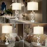 Scenekoy Sculptural Resin Table Lamp Set of 2 with USB Ports for Bedroom Living Room, 26” Antique Silver Leaf Dual Pull Chains Bedside Lamps, Nightstand Lamp for Home Room Decor (Bulbs Included)