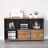 2 Drawers Lateral File Cabinets, Home Office 43-inch Mobile Wood Cabinet Credenza Printer Stand with Wheels and Open Storage Shelves
