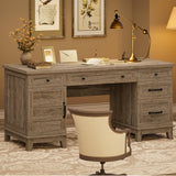 GarveeHome Farmhouse Executive Desk with File Drawers, 60 in Home Office Desk with Charging Station, Wooden Computer Desk with Cabinet Storage for Work Study Writing, Rustic Gray
