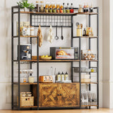 IRONCK Bakers Rack with Power Outlet, 54.7 Inch Coffee Bar Cabinet, Kitchen Bakers Rack with Storage, Microwave Stand with Shelves, Globlet Holder and 5 Hooks, Vintage Brown