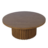 Jofran Auden 40" Round Mid-Century Modern Fluted Pedestal Coffee Table with Casters for Living Room, Accent Table, Chestnut