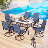 MFSTUDIO 7 PCS Patio Dining Set, Wood-Look Table & Blue Swivel Chairs