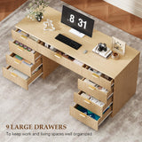 Vabches 59 Inch Fluted Computer Desk with 9 Drawers, Natural