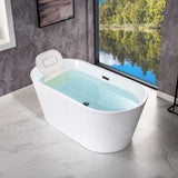 WOODBRIDGE 59" Freestanding White Acylic Soaking Bathtub with White Pillow,Drain and Overflow in Matte Black,BTA1514 -MB-Drain &O+ Pillow