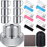 Lallisa 44 Pcs Outdoor Camping Cookware Mess Kit Polished Stainless Steel Dishes Camping Utensils Portable Tableware with Plates Cups Spoons Forks Knives Mesh Bag for Backpacking Hiking