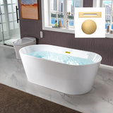 WOODBRIDGE 67" Acrylic Freestanding Bathtub Contemporary Soaking White Tub with Brushed Gold Overflow and Drain，B0013 -BG-Drain &O
