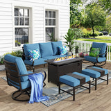 MFSTUDIO 6 Piece Metal Patio Furniture Set with Fire Pit Table, Denim Blue