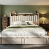 EnHomee King Fabric Upholstered Bed Frame with 4 Drawers and Rivet Decor Storage Headboard, 1000LBS Wooden Slats Support for Apartment, No Box Spring Needed, Easy Assembly, Beige