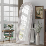 ZHUNFA Arched Full Length Mirror with Solid Wood Frame, 65x22 Farmhouse Wall Mirror Full Length with Stand, Vertical Hanging, Leaning Standing for Bedroom, Living Room, Rustic White