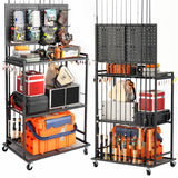 SOYEEZE Large Size Fishing Rod Holders for Garage, 3-Tier Fishing Pole Rack with Pegboard and Hooks, Fishing Gear Tackle Box Organizer Up to 12 Rods, Rolling Fishing Storage Cart with Lockable Wheels