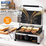 ROVSUN 811E Commercial Panini Press Grill, 2200W Stainless Steel Electric Countertop Sandwich Maker with Adjustable Temp 122°F–572°F, For Steak, Burgers, Home & Restaurant Use, 110V, Silver