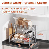 2 Tier Dish Drainer Drying Rack for Kitchen Counter, Large Stainless Steel Dishes Dryer with Drainboard, Space Saving, Big Rustproof Metal Modern Countertop Plates Strainer with Utensil Holder, Sliver