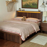 Homkdom King Bed Frame with 2 Drawers and Mid-Century Wooden Wavy Panel Headboard,Charging Station&LED Lights,Heavy Duty Steel,Noise-Free,No Box Spring Needed,Easy Assembly,Walnut