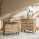 HULALA HOME Farmhouse 3 Drawer End Table with Tray, Drawer Organizer with Solid Wood Legs, End Table with Charging Station（Natural, Set of 2）