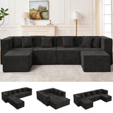 MONVANE 130'' Modular Sectional Cloud Couch for Living Room, 6 Seater Convertible Chenille Couches Set with Ottoman & Pillow, No Assembly Compression Sofas, Comfy Floor Sofa with Memory Foam, Black