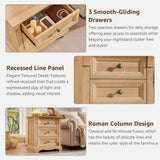 T4TREAM Farmhouse Nightstand Set of 2, 23.6" End Table with 3 Drawers Storage, Wood Side Table w/Roman Column, End Tables Living Room Set of 2, Bedside Cabinet for Bedroom, Oak