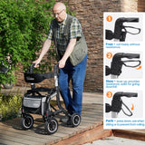 Rollator Walker for Seniors/Adults Foldable Rolling Walker with Seat 330 lbs Capacity 10 inch Wheels Hand Grips Adjustable Height Lightweight Durable Aluminum Walker Removable Back Support (Black)