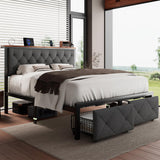 iPormis Full Bed Frame with 2 Storage Drawers, Linen Upholstered Headboard Platform Bed with Charging Station, No Box Spring Needed, Metal Slats Support, Noise-Free, Easy Assembly, Grey