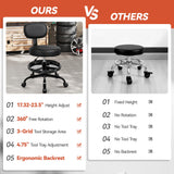 Shop Stool with Wheels for Garage, Mechanics Rolling Chair with Backrest, Adjustable Height Heavy Duty Garage Stool with Footrest and Storage Tray, Swivel Task Chair for Workshop Kitchen Salon