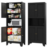 XIUSVON 69" Tall Metal Pantry Cabinet with Microwave Stand,Microwave Storage Cabinet with 4 Doors & 3 Adjustable Shelves for Kitchen (4doors-Black, 13.78" D x 27.54" W x 68.9" H)