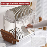 LIZWETEC Dish Drying Rack, Double Layered countertop Kitchen Organizer with Drainage Large Bowl Rack and Storage Rack with Drainage Board (Silver Upgraded Version)
