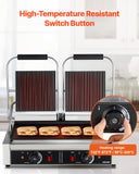 VEVOR Commercial Panini Grill, 3600W Electric Sandwich Panini Maker, Stainless Steel Double Sandwichs Press Grill with Handle and Temp Control, 19x9 in Flat Enamel Plate for Hamburger Steak Bacon