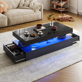 Nordivale 47” High-Glossy LED Coffee Table with 2 Sliding Drawers, Living Room Storage Coffee Tables, Modern Stylish Double-Layer Center Tables with LED Lights, Black