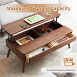 QKFF Wood Lift Top Coffee Table, 100% Solid Oak Wood Small Rising Dining Center Tables with Storage Shelf and Hidden Compartment for Living Room 48D x 26W x 26H