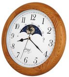 JUSTIME 14 Inch Exclusive Solid Oak Wood Non-Ticking Sweep Mechanical Specialty Moon Phase Moving Dial Wall Clock, Gift, Home Décor
