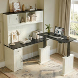 L Shaped Executive Standing Desk with Hutch and Storage Cabinet, Farmhouse Standing Desk with Charging Station
