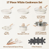 17 Pcs Pots and Pans Set Non stick，Cookware Sets White Granite Induction Cookware, Non-toxic Healthy Non Stick Kitchen Cooking Set, White