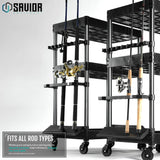 Savior Equipment Mobile Tackle Station Pro 16 Fishing Rod Holder Cart w/Wheels, Adjustable Rack For Different Rod & Reel, 3-Level Fishing Gear Storage Pole Organizer For Garage Home Indoor Use, Black