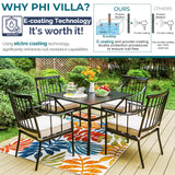 PHI VILLA 5-Piece Patio Dining Set, 37" Square Steel Table, Fixed Chairs