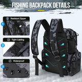 PLUSINNO Fishing Backpack with Rod Holders & Cooler, 45L Large Water-resistant Fishing Tackle Bag,Fishing Tackle Backpack Store Fishing Gear For Camping,Fishing Gifts for Men Sport Bags Black Camo