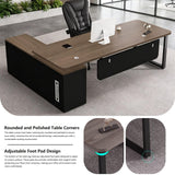 L Shaped Executive Office Desk Large Computer Desk with Storage Cabinets, Solid Wood Board Steel Frame
