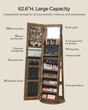 SONGMICS LED Jewelry Cabinet Standing, Lockable Armoire With Full-Length Mirror and Adjustable Lights, Space-Saving Organizer, Gift Idea, Rustic Brown UJJC008X01