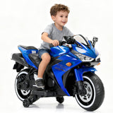 12V Electric Ride On Motorcycle for Kids, Training Wheels, Full Hand Drive Motorbike Toy, Perfect for Boys and Girls (3-8 Yrs) (Blue)