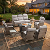 moosprr Luxury Patio Furniture Set with Fire Pit Table, Outdoor Furniture Set with High Back Swivel Chairs & 6-inch Thick Cushions, 8 PCS Fire Pit Patio Set for Yard, Deck, Poolside, Brown/Beige