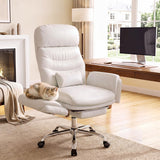 SEDETA Cross Legged Office Chair with Flip Armrests, 4 Headrest Angles, Big and Tall Criss Cross Chair with 30'' High Back, 155° Reclining, Foot Rest, Waist Pillow, Wide Seat, White PU Leather