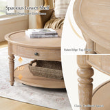 HULALA HOME Round Coffee Table with Casters, Wood Coffee Table Movable with Drawer/Shelf, Classic Traditional Center Tables for Living Room, Natural