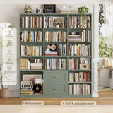 HOSTACK 71" Tall Triple Wide Bookshelf with Storage Drawers & Doors, Green