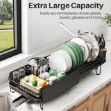 SNTD Large Dish Drying Rack - Expandable (19.3" to 29.4") Dish Rack for Kitchen Counter, Stainless Steel Dish Drainer with Utensil Holder, Pan Holder & Pot Lid Holder (Black)
