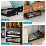 4 Pack Under Bed Storage with Wheels, Under Bed Shoe Storage Organizer with PVC Clear Window, Lids and Label (Black) oylik