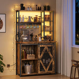 HOOBRO Bakers Rack with Power Outlet and LED Light, Microwave Stand with Sliding Barn Door, Coffee Bar Cabinet with 6-S Hooks, Kitchen Storage Shelf with Cabinet, Rustic Brown and Black BF23UDHB01