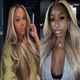 OiMiGO 30In Long Straight HD Lace Front Human Hair Wig, 13 * 4 Strawberry Blonde Mixed Platinum Blonde Ombre Highlight Lace 100% Remy Virgin Hair, Glueless Pre Plucked with Baby Hair Natural Hairline